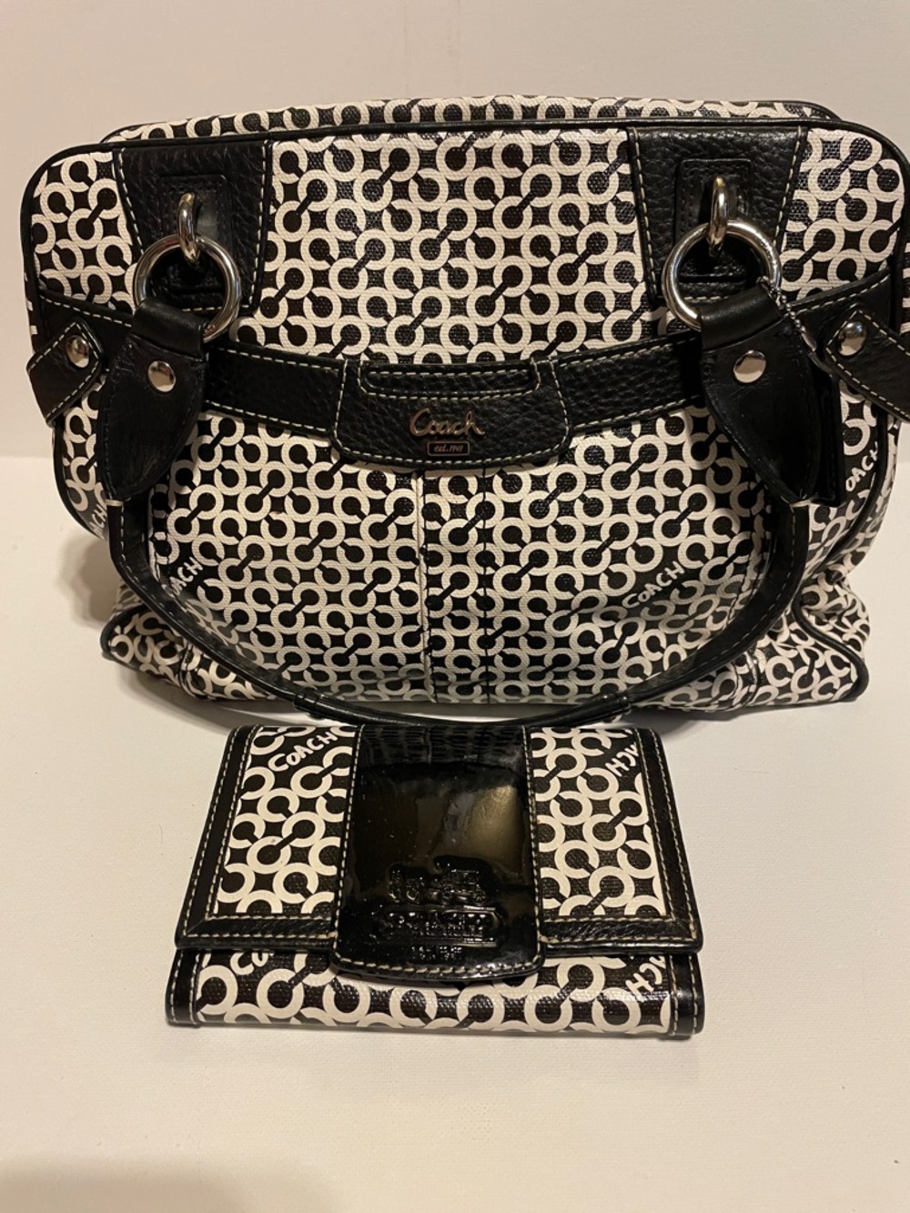 Coach Black & White Signature Vintage OP Art Satchel with Matching Wallet